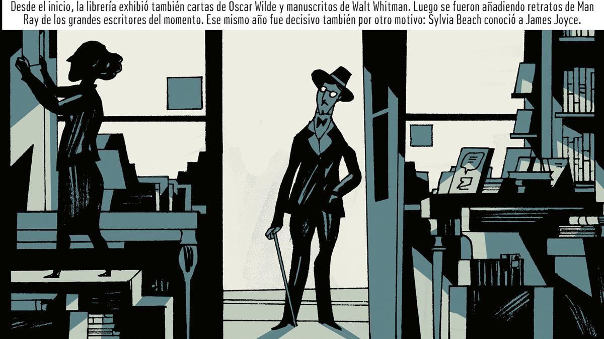 Viñeta de 'Warburg &amp; Beach', con Sylvia Beach y James Joyce entrando en la librería Shakespeare &amp; Co.