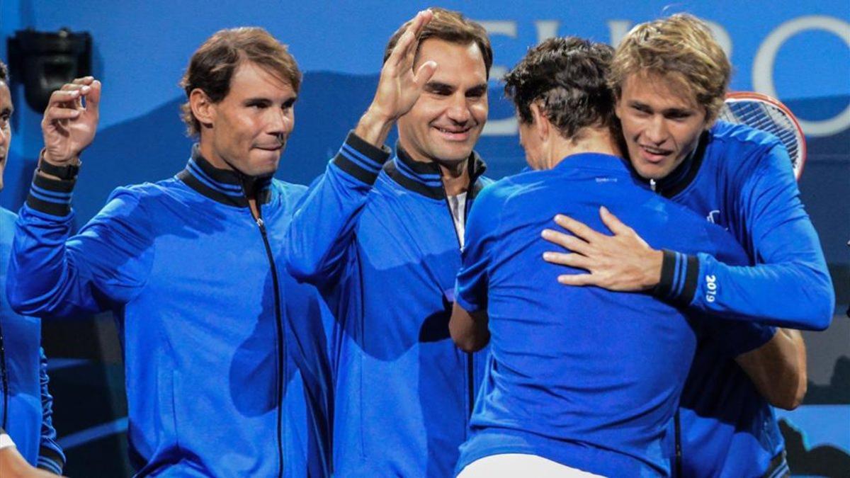 Rafa Nadal celebrando con sus compañeros uno de los tres triunfos europeos