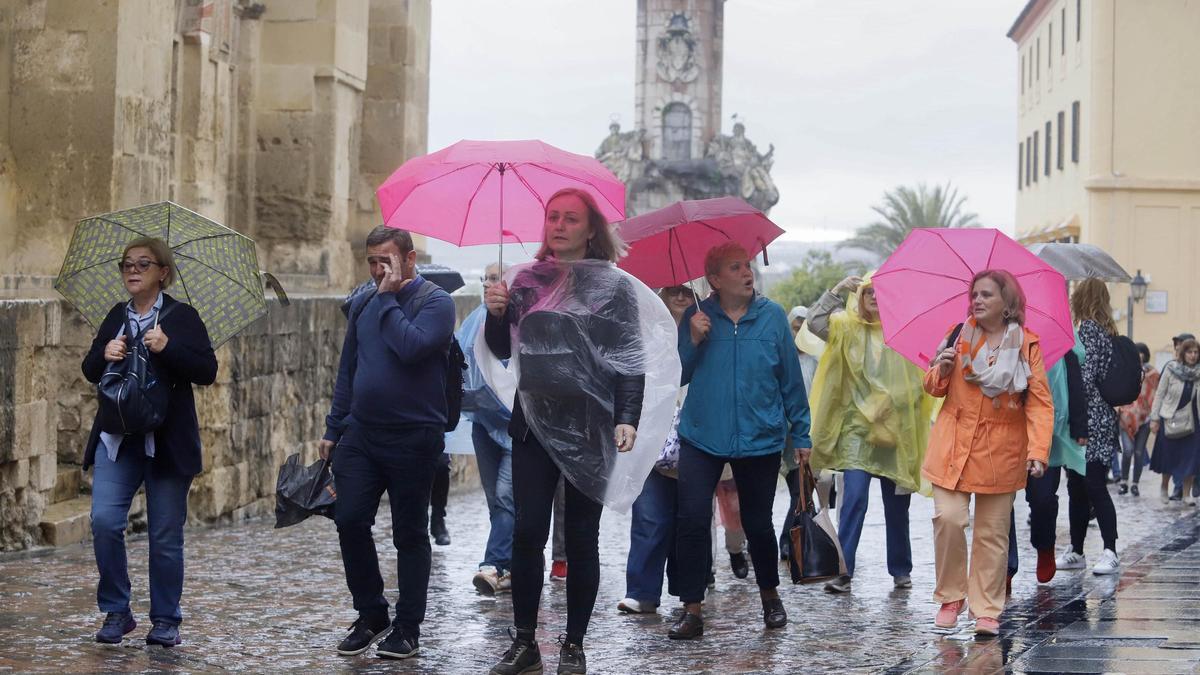 Turistas pasean con paraguas y chubasquero junto a la Mezquita-Catedral.