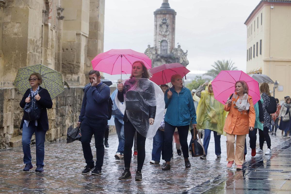 Turistas pasean con paraguas y chubasquero junto a la Mezquita-Catedral.