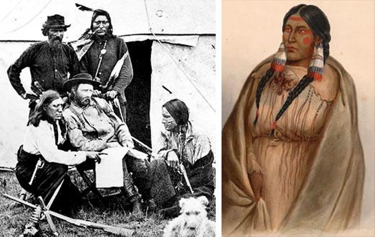 George A. Custer con sus indios exploradores en la expedición a las Colinas Negras de 1874. El que señala el mapa es &quot;Cuchillo Ensangrentado&quot; de la tribu Cree. Fotografía de William Illingworth. | Mujer Cree. Karl Bodmer (Suizo, 1809-1893)