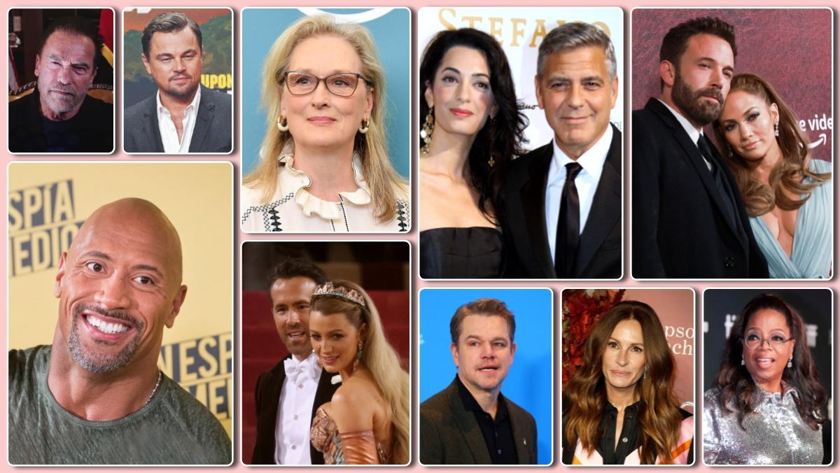 De izquierda a derecha y de arriba a abajo, Arnold Schwarzenegger, Leonardo DiCaprio, Meryl Streep, Amal y George Clooney, Jennifer Lopez y Ben Affleck, Dwayne Johnson, ’The Rock’, Ryan Reynolds y Blake Lively, Matt Damon, Julia Roberts y Oprah Winfrey. De izquierda a derecha y de arriba a abajo, Arnold Schwarzenegger, Leonardo DiCaprio, Meryl Streep, Amal y George Clooney, Jennifer Lopez y Ben Affleck, Dwayne Johnson, ’The Rock’, Ryan Reynolds y Blake Lively, Matt Damon, Julia Roberts y Oprah Winfrey.