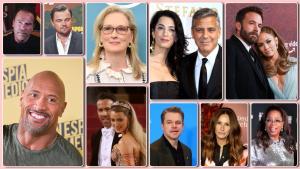 De izquierda a derecha y de arriba a abajo, Arnold Schwarzenegger, Leonardo DiCaprio, Meryl Streep, Amal y George Clooney, Jennifer Lopez y Ben Affleck, Dwayne Johnson, ’The Rock’, Ryan Reynolds y Blake Lively, Matt Damon, Julia Roberts y Oprah Winfrey.
