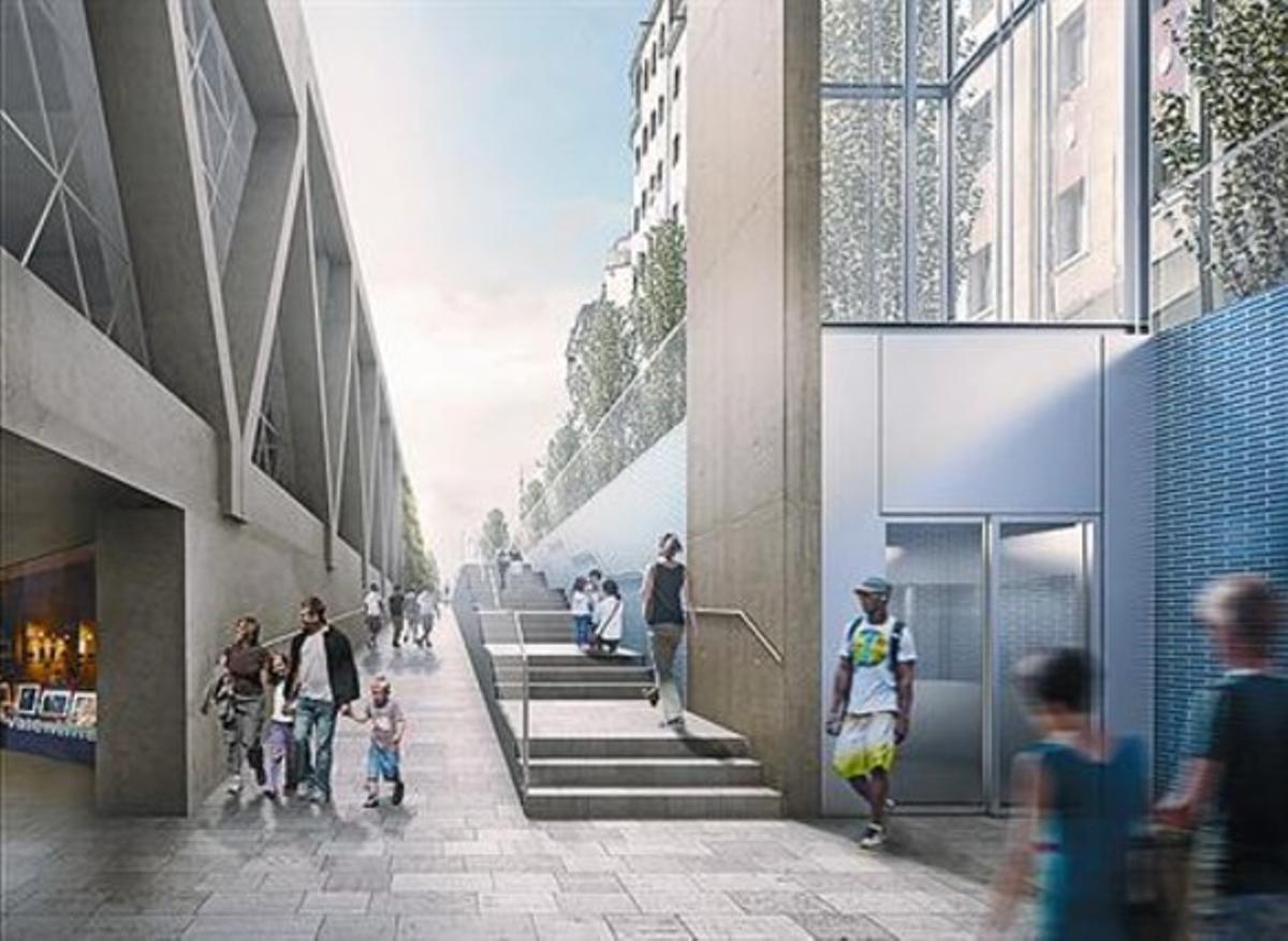 Arriba, imagen virtual del proyecto en el acceso de la Riera de Tena. Abajo, la solución aprobada para llegar a la losa desde la Rambla de Badal.