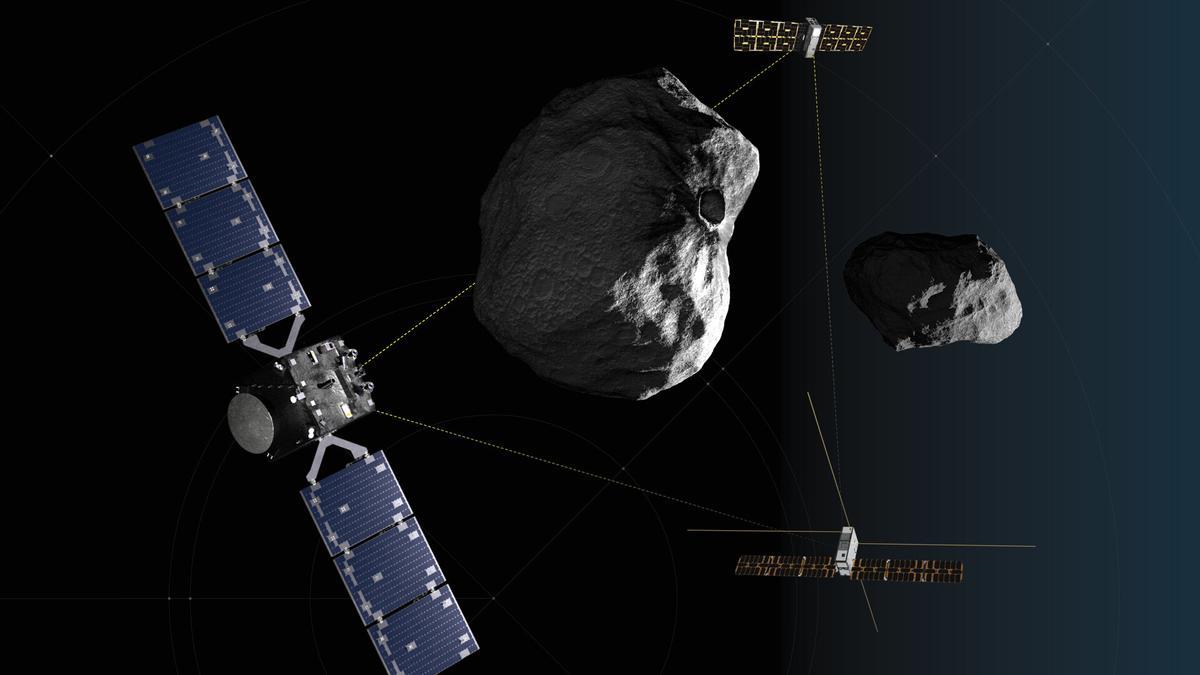 Simulación de la sonda Hera y sus dos nanosatélites orbitando alrededor de un asteroide.