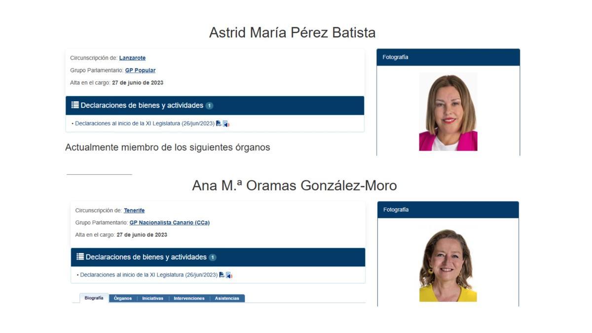 Captura de pantalla de los perfiles de la presidenta del Parlamento, Astrid Pérez, y de la vicepresidenta Ana Oramas en la web de la Cámara regional.