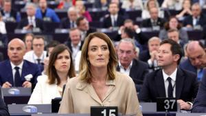 La presidenta del Parlamento Europeo, Roberta Metsola, este martes en el pleno celebrado en Estrasburgo.