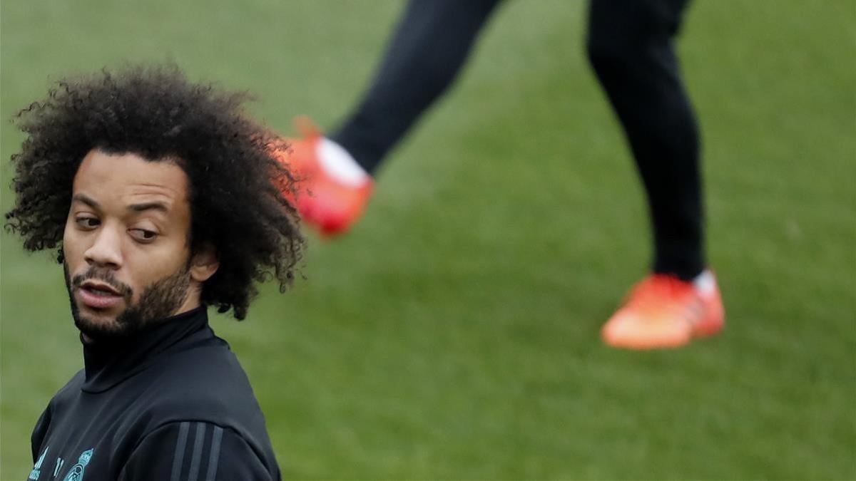 Marcelo, durante un entrenamiento con el Madrid