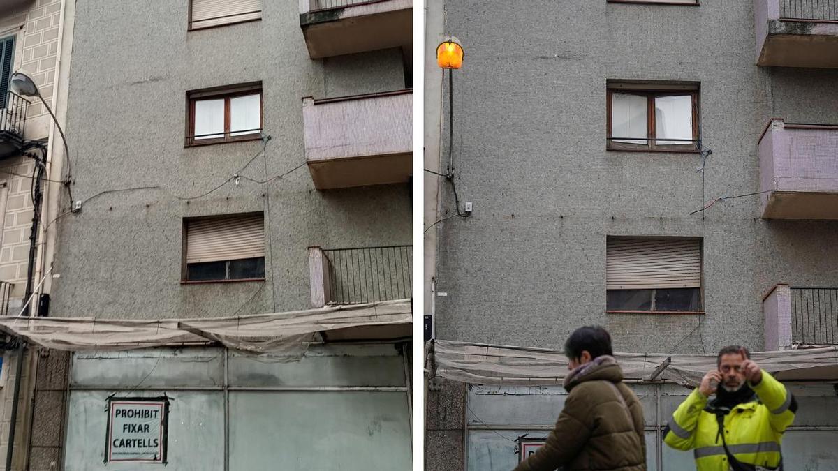 A l'esquerra, els cables que punxaven la llum i, a la dreta, els cables tallats amb el fanal funcionant aquest dijous.