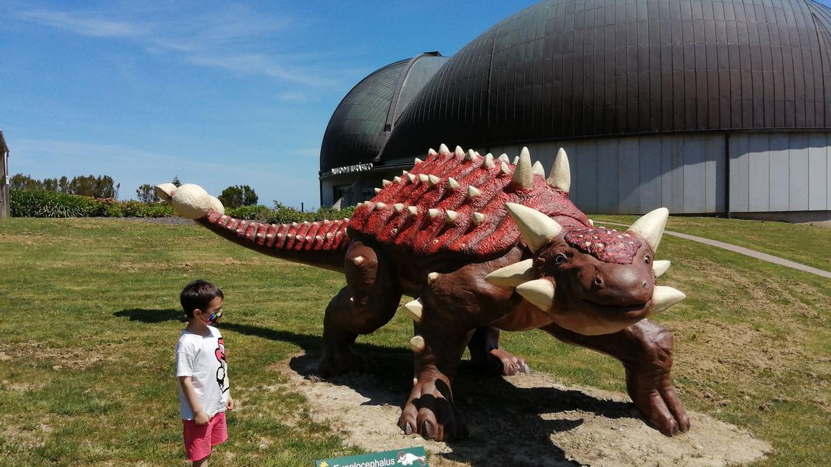 Un niño observa una de las maquetas de dinosaurios instaladas en el jardín del Museo Jurásico.