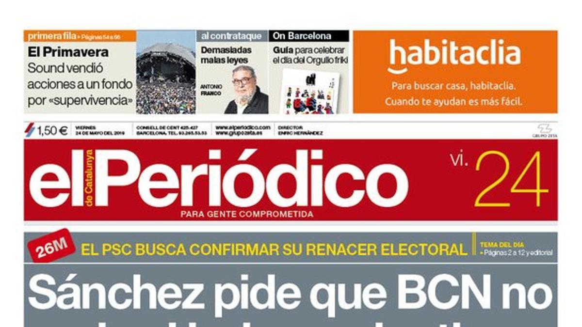 La portada de EL PERIÓDICO del viernes 24 de mayo del 2019.