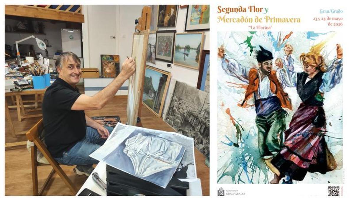 Marcos Peñaflor, en su taller. A la derecha, el cartel de la Segunda Flor con su obra.