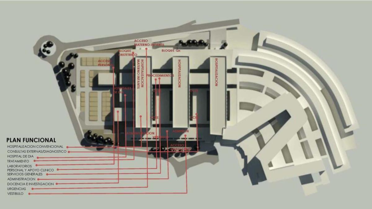 Croquis de la distribución de la segunda fase del Hospital Universitario de Cáceres, según el anteproyecto.