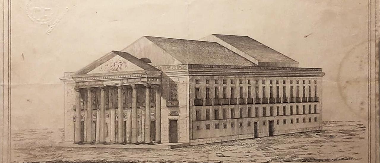 Grabado de la propuesta realizada por Emilio Jover del teatro, publicada en 1847 en El Mensajero.