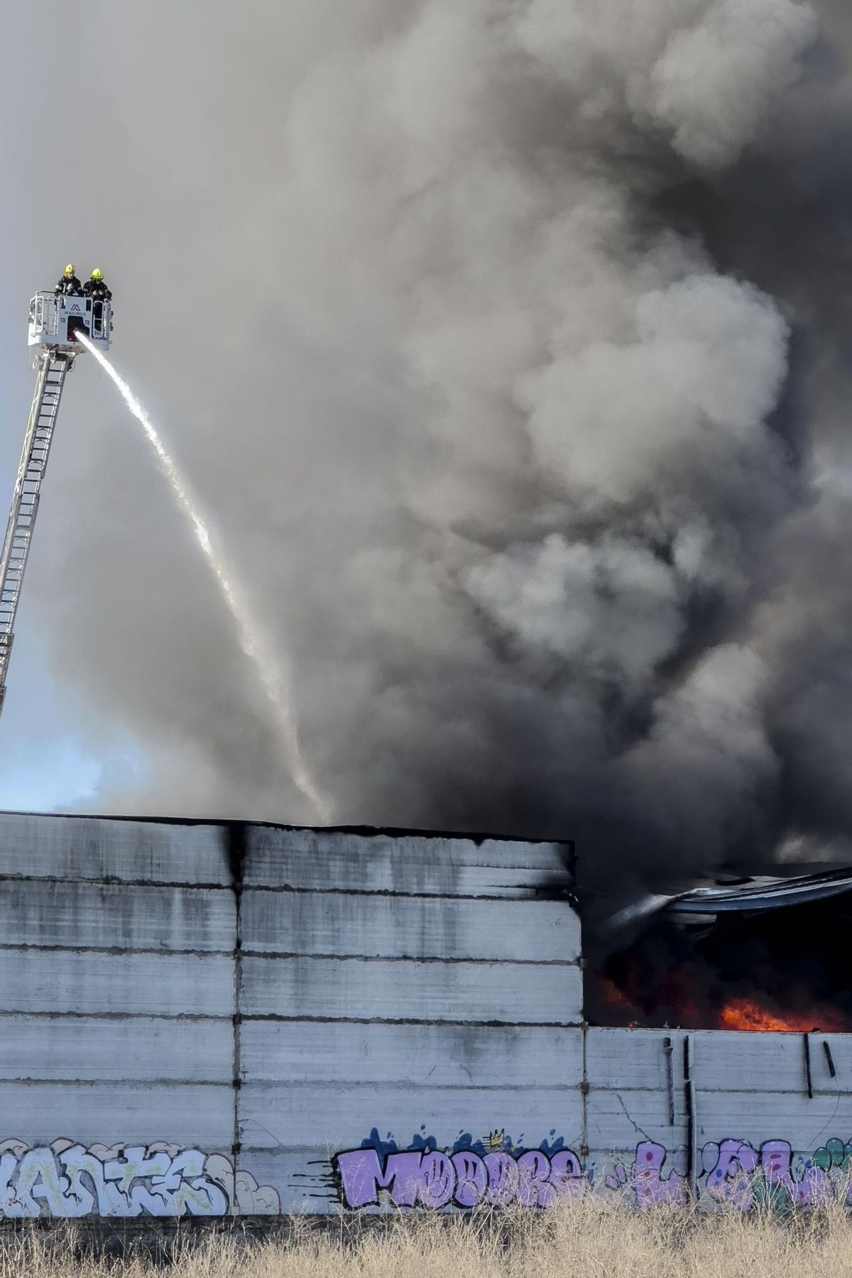 GRAF1186. SEVILLA, 10/11/2024.-Efectivos de hasta cuatro parques de bomberos trabajan en la extinción del incendio declarado este domingo en una nave de jardinería situada en el polígono industrial Majaravique, en la localidad sevillana de La Rinconada. Según ha informado el servicio Emergencias 112 de Andalucía, a las 9:22 horas han recibido la primera de casi medio centenar de llamadas que alertaban del incendio declarado en una nave situada en la calle Comedia del citado polígono industrial.-EFE/David Arjona
