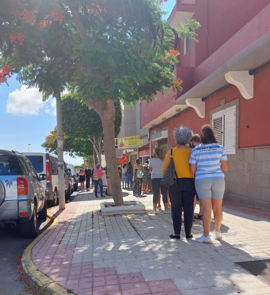 Colas, hoy, ante la frutería de Ingenio en la que se venden las mangas para cuya venta pidió ayuda el agricultor Nauzet Méndez.