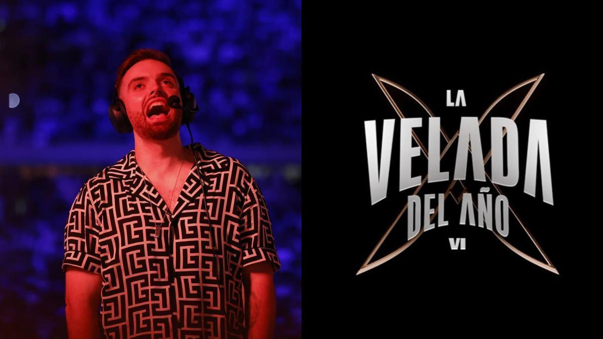 Ibai Llanos en la Velada del pasado año en el Estadio de la Cartuja junto al logo oificial de la próxima