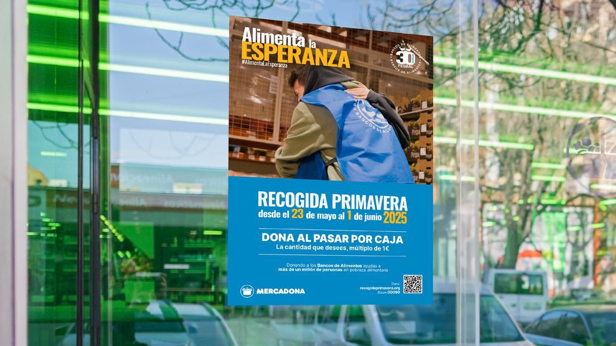 Cartel con la campaña solidaria en un supermercado de Mercadona