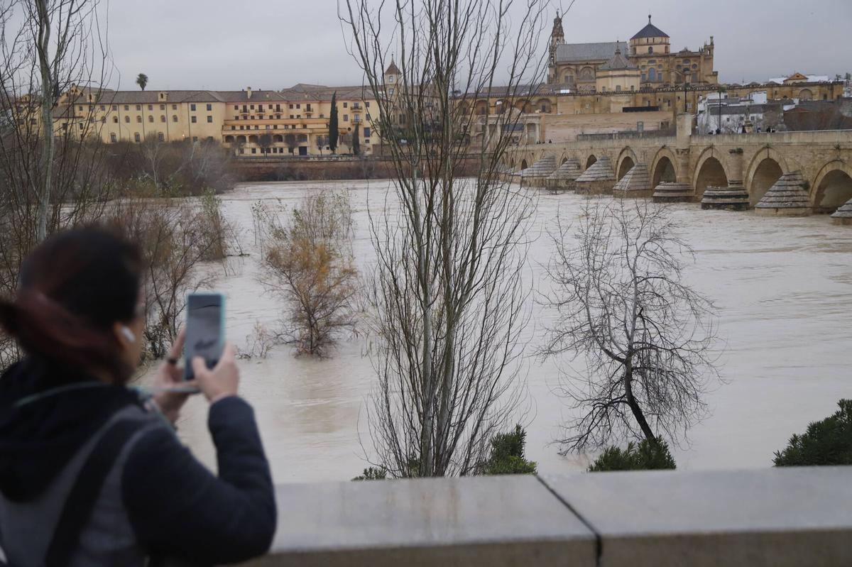 Una mujer fotografía el río a su paso por Córdoba.