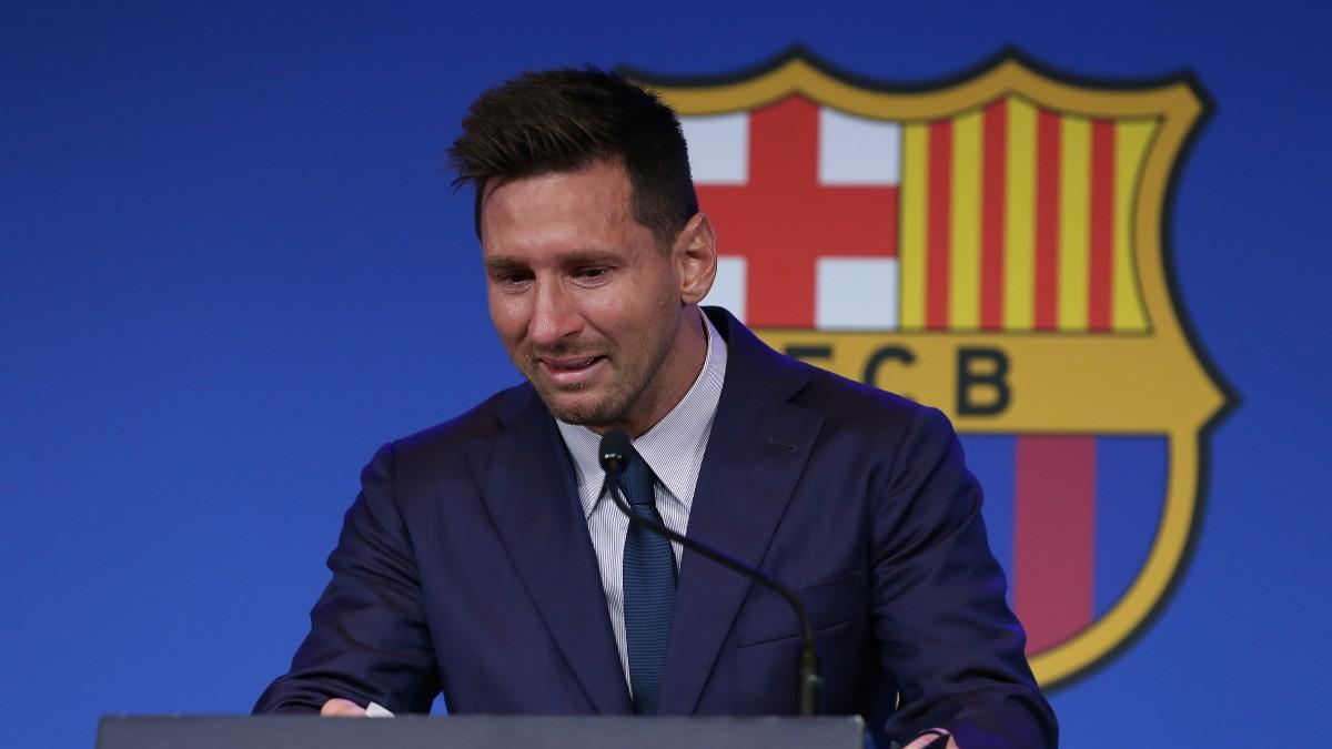 Leo Messi durante su rueda de prensa de despedida como futbolista del Barça