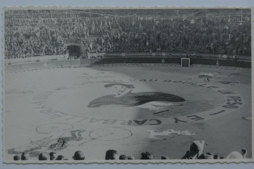 En la arena de la plaza de toros de Valencia, texto escrito en gallego.