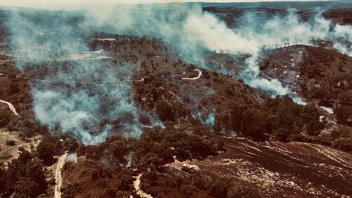 Vista aèria de l’incendi de Capmany, el que ha causat més afectació de l’any a Girona. | BOMBERS