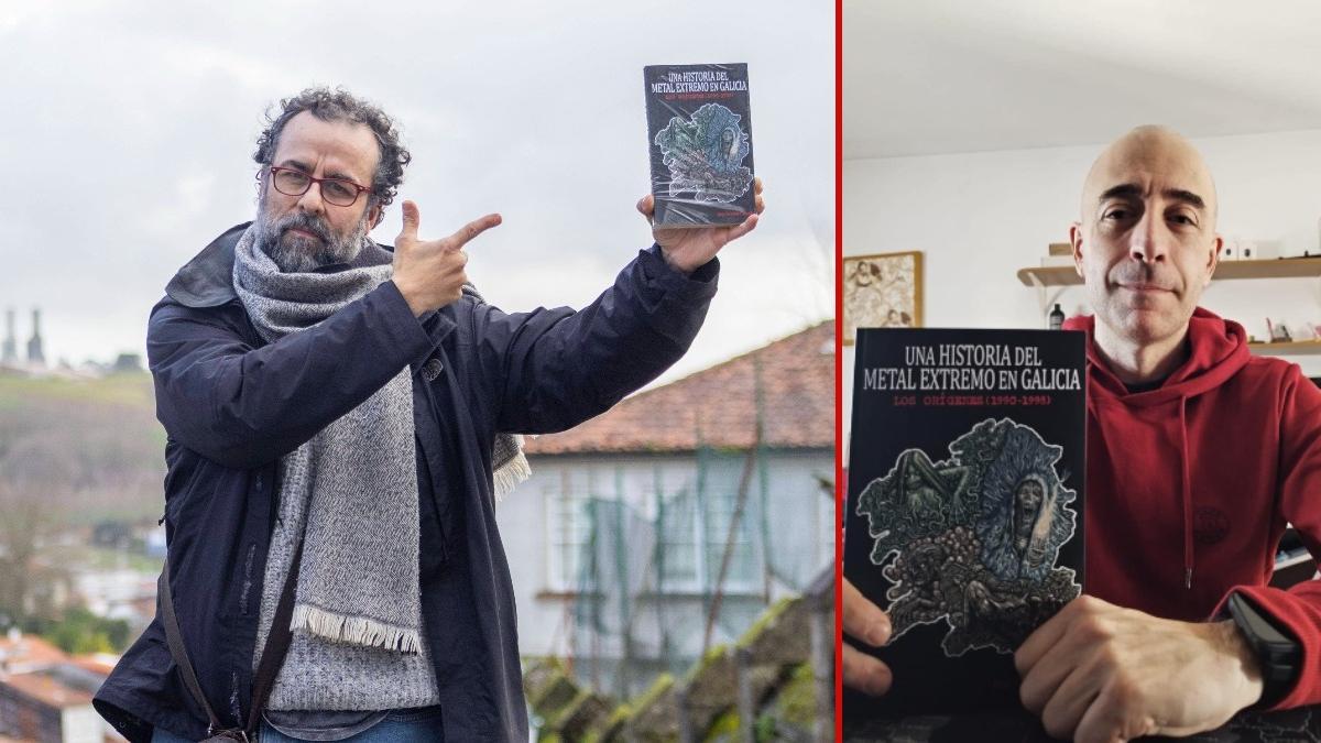 Óscar Ínsua (Jumpin) muestra un ejemplar del libro de Jorge Fernández, que aparece al lado con la portada en primer plano.