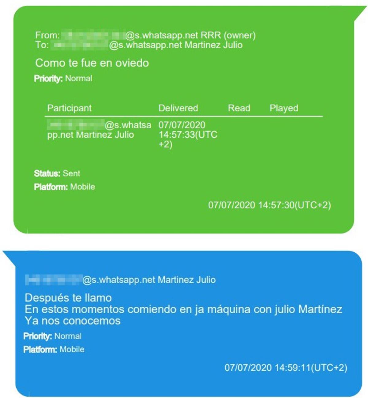 La conversación entre Rodolfo Reyes (verde) y Julio Martínez Sola (azul) sobre la comida en un restaurante asturiano.