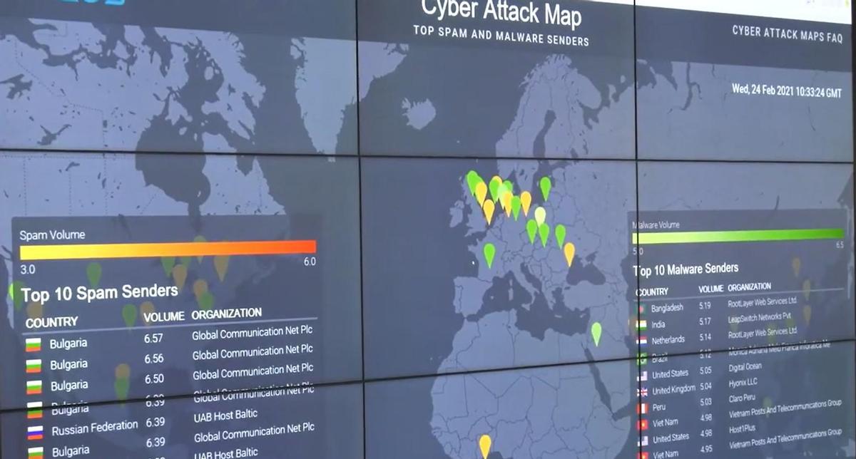 Pantalla del Mando Conjunto de Ciberdefensa con los ataques registrados en un día de febrero de 2021