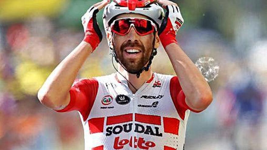 Thomas de Gendt celebra la victoria de ayer en Saint Etienne.