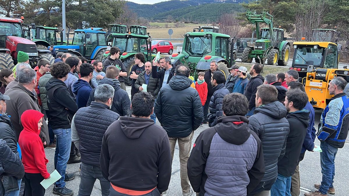 Pagesos concentrats amb els tractors a l'àrea de servei d'Urús (Cerdanya), a prop de la boca nord del túnel del Cadí, abans d'iniciar la marxa lenta