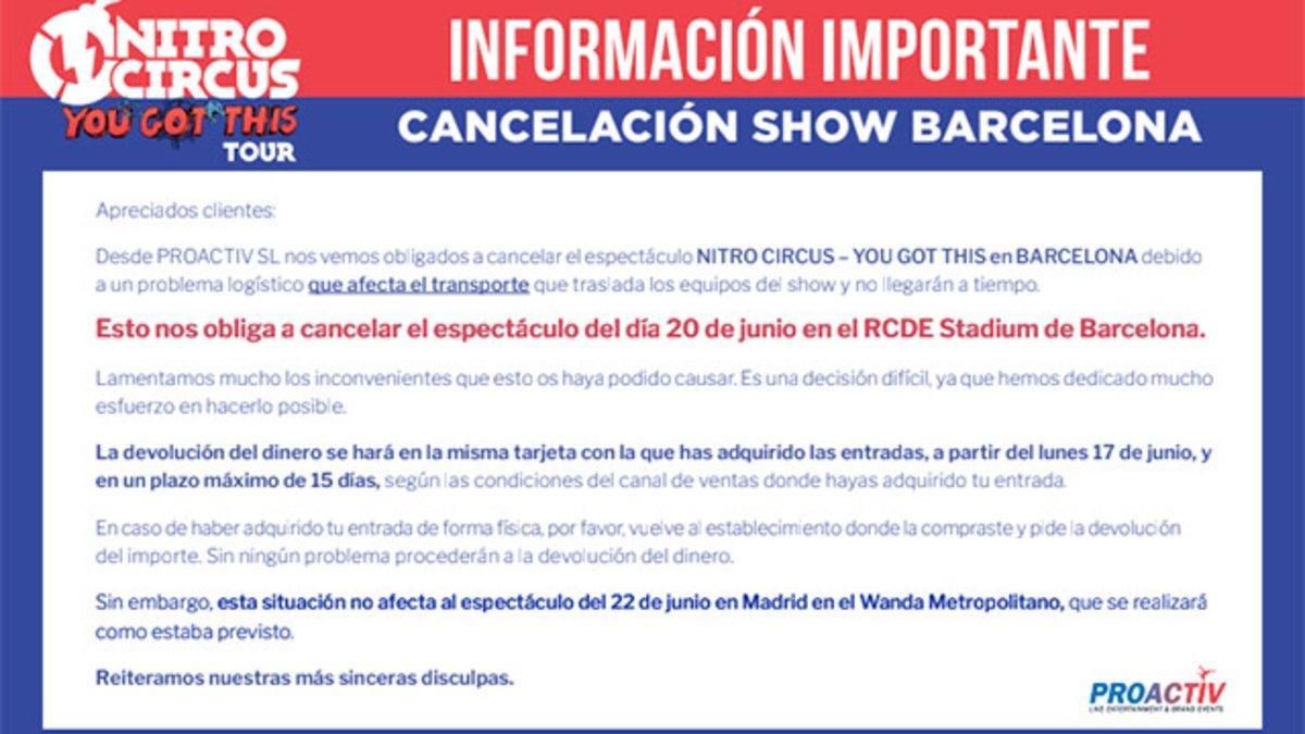 Cancelación del espectáculo NITRO CIRCUS - YOU GOT THIS en Barcelona