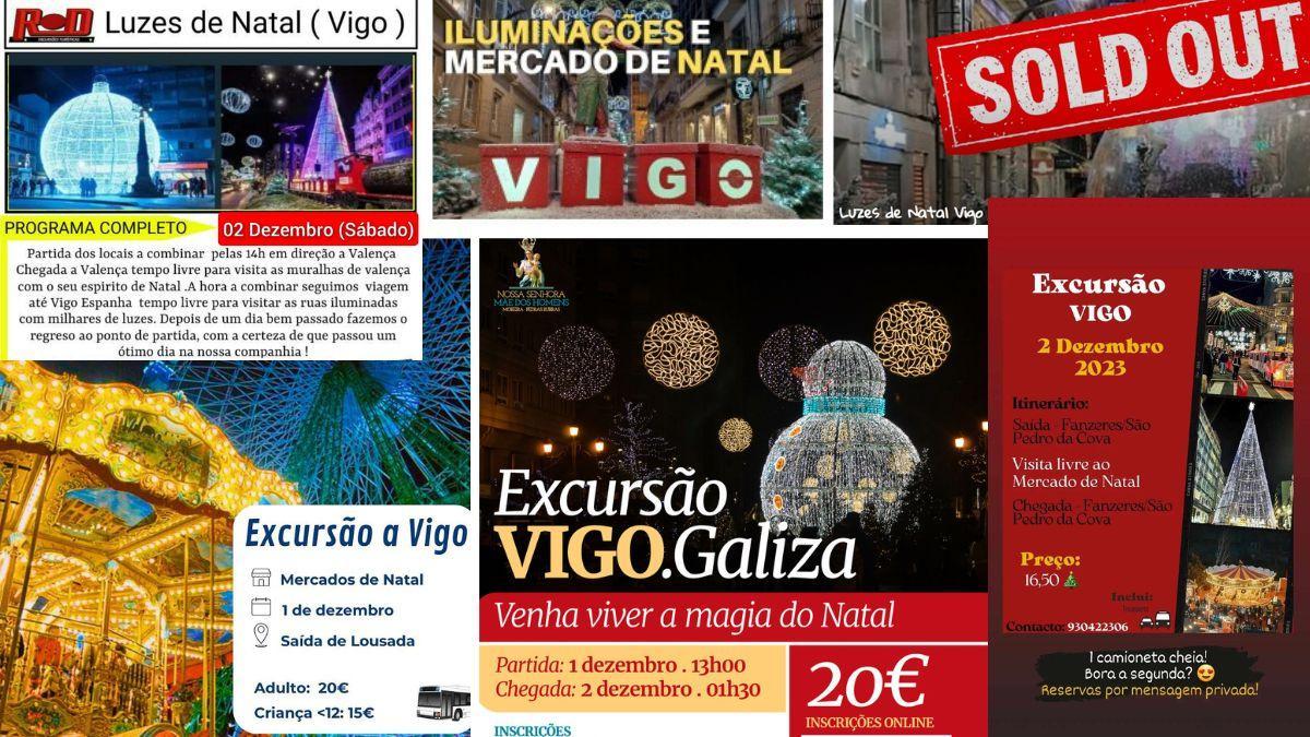 Varios de los carteles promocionando viajes a Vigo desde Portugal para el 1 y 2 de diciembre de 2023.