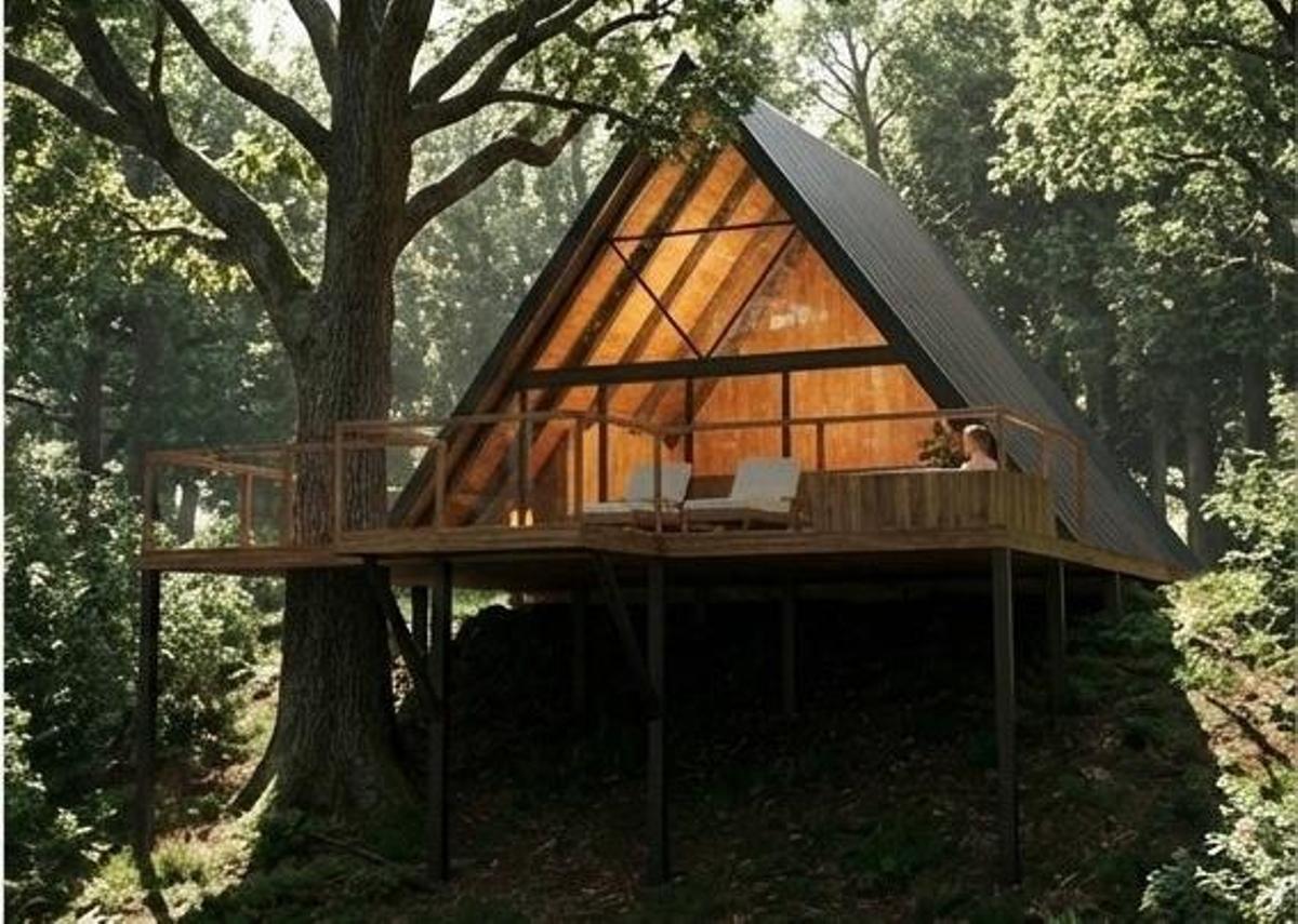 La recreación de una de las cabañas de estilo nórdico proyectadas en «Forqueiros Sur», en Beluso.