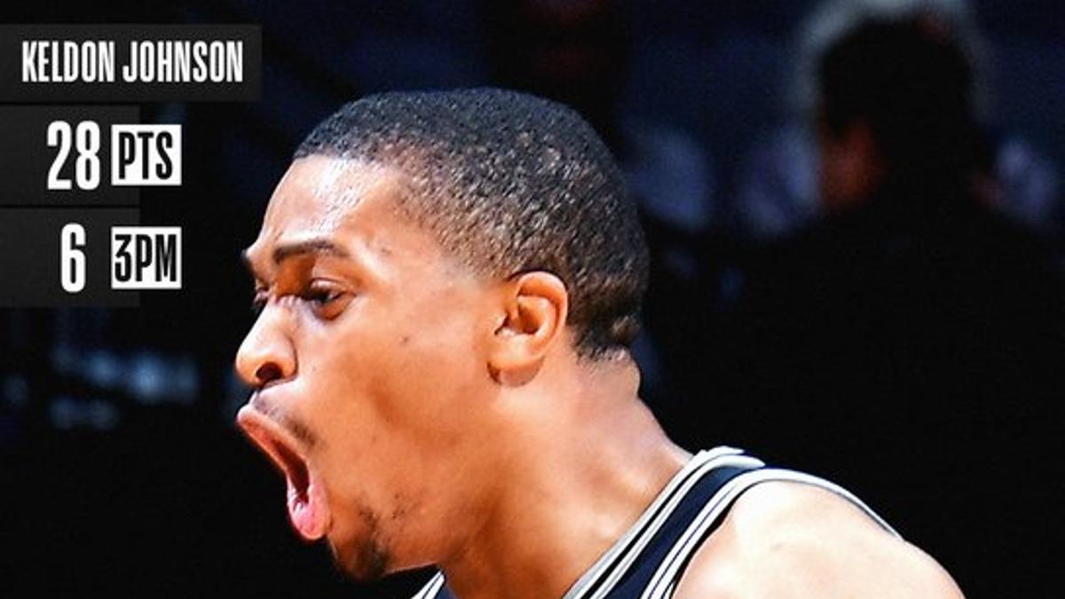Los Spurs celebran los 28 puntos que Johnson le ha dado al equipo