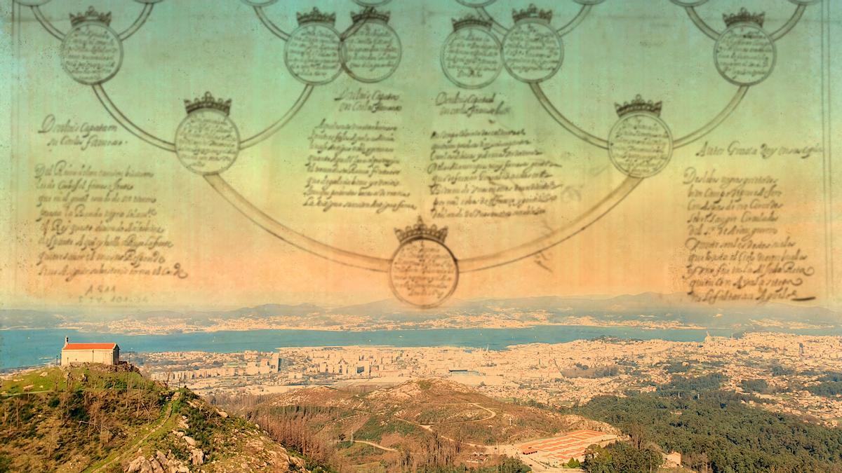 Montaje sobre una vista de Valadares y Vigo de una genealogía.
