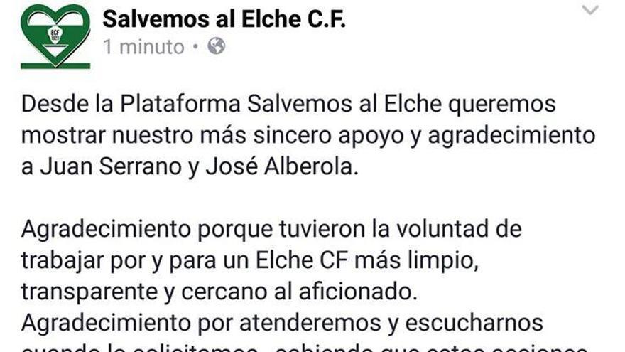 «Salvemos al Elche» muestra su agradecimiento a Serrano y a Alberola