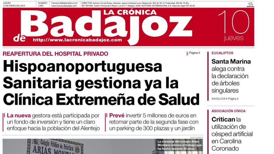 Esta es la portada de LA CRÓNICA DE BADAJOZ correspondiente al día 10 de enero del 2019