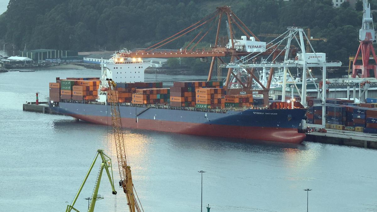 Vigo (Monte de O Castro). Barco portacontenedores MSC JOY, atracado en el muelle de Guixar.