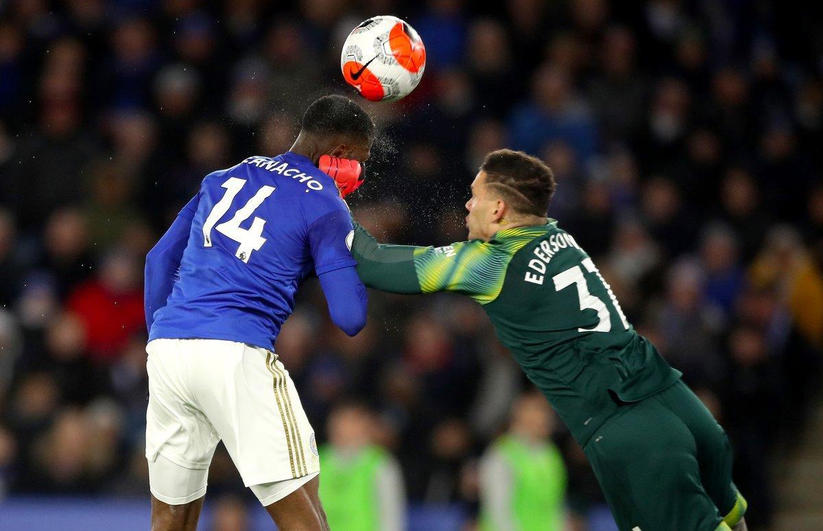 22 February 2020, England, Leicester: Manchester City goalkeeper Ederson (K) blockes a shot by Leicester City’s Kelechi Iheanacho during the English Premier League soccer match between Leicester City and Manchester City at King Power Stadium. Photo: Nick Potts/PA Wire/dpa