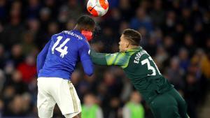 22 February 2020, England, Leicester: Manchester City goalkeeper Ederson (K) blockes a shot by Leicester City’s Kelechi Iheanacho during the English Premier League soccer match between Leicester City and Manchester City at King Power Stadium. Photo: Nick Potts/PA Wire/dpa
