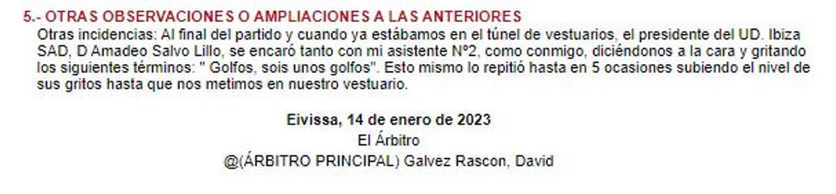 Este es el acta del árbitro Gálvez Rascón tras el Ibiza - Las Palmas