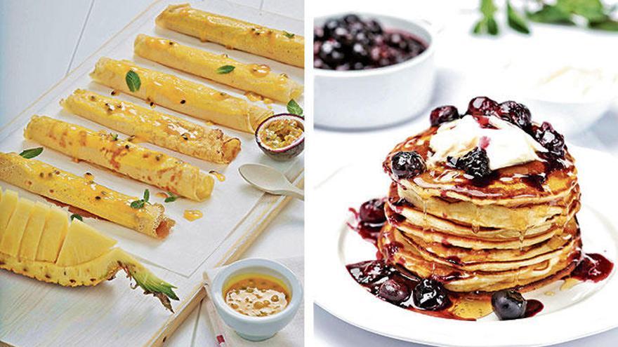 Ob als fein aufgerollte Crêpes mit Passionsfrüchte-Sauce (li.) oder üppige Pancakes mit Blaubeeren und Vanille. Sie entstammen alle aus der Pfannkuchen-Familie.