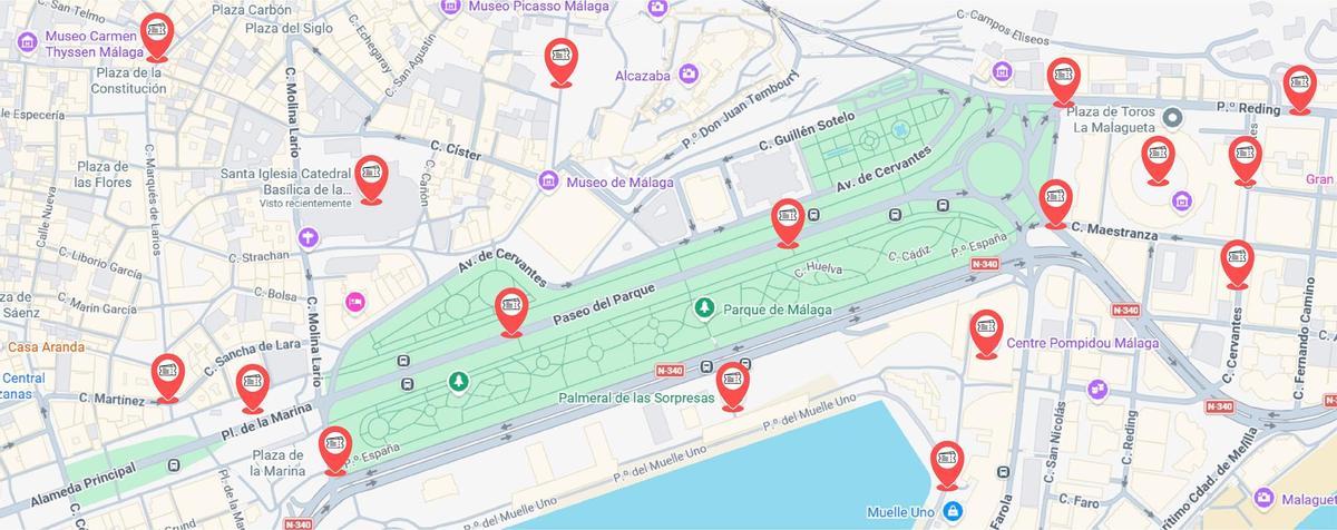 Mapa del Centro Histórico de Málaga por donde se buscarán las entradas escondidas.