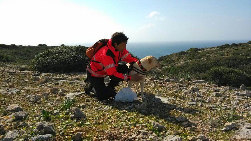 Un miembro del Grupo de Montaña de Bombers de Mallorca, con un perro de la Unidad Canina.