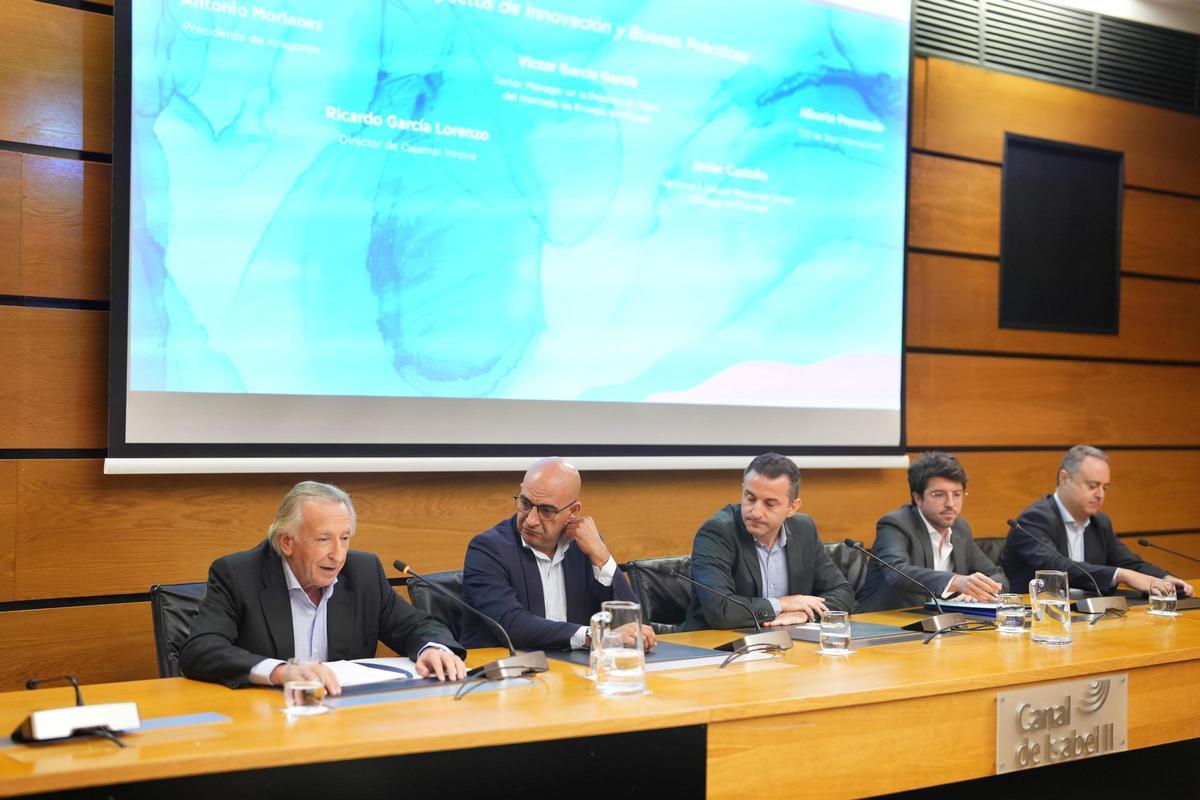 Antonio Morlanes, presidente de Aragonex; Ricardo García Lorenzo, director de Cajamar Innova; Javier Castaño, agrifood & natural resources senior strategy de Fi Group; Víctor García, senior manager en la Práctica de Agua del Mercado de Energía de Minsait, y Alberto Provencio, CIO de Saur Internacional