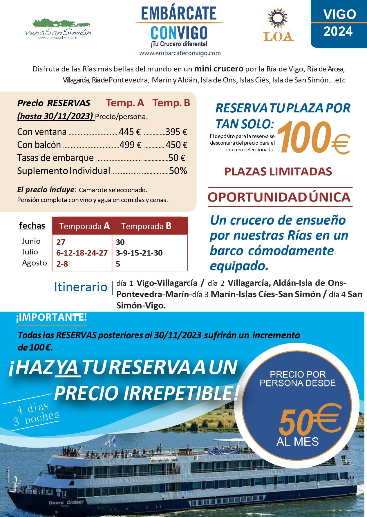 Folleto promocional de la agencia de viajes LOA para los cruceros por las rías Baixas
