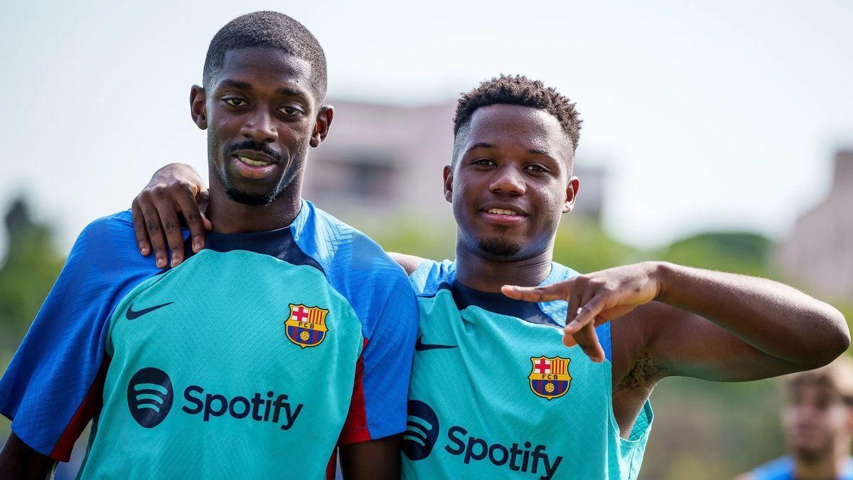 Ansu Fati y Ousmane Dembélé, en el entrenamiento previo al Gamper.