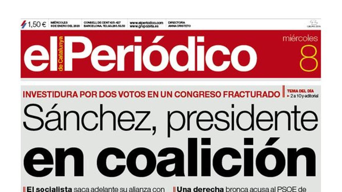 La portada de EL PERIÓDICO del 8 de enero del 2020