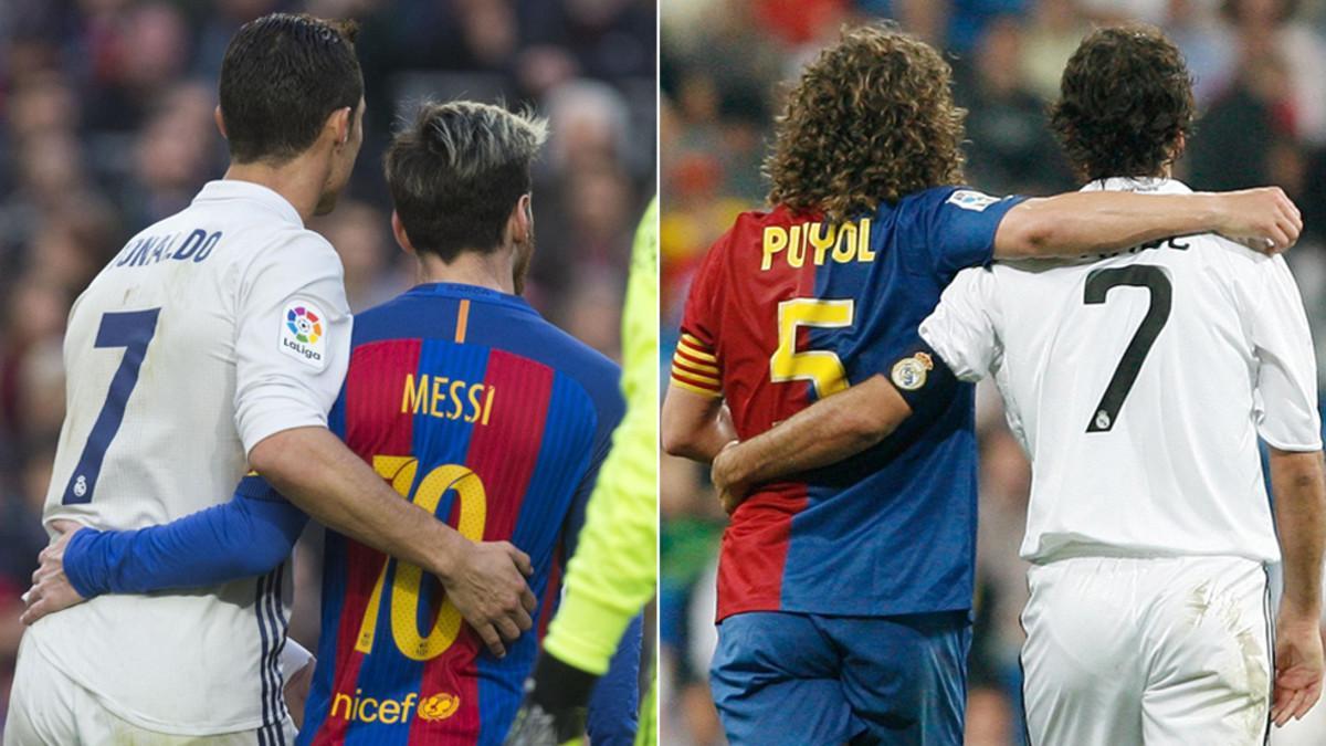 Cristiano Ronaldo y Leo Messi en el Barça - Madrid 2016/17 y Raúl González y Carles Puyol en el Madrid - Barça 2008-09